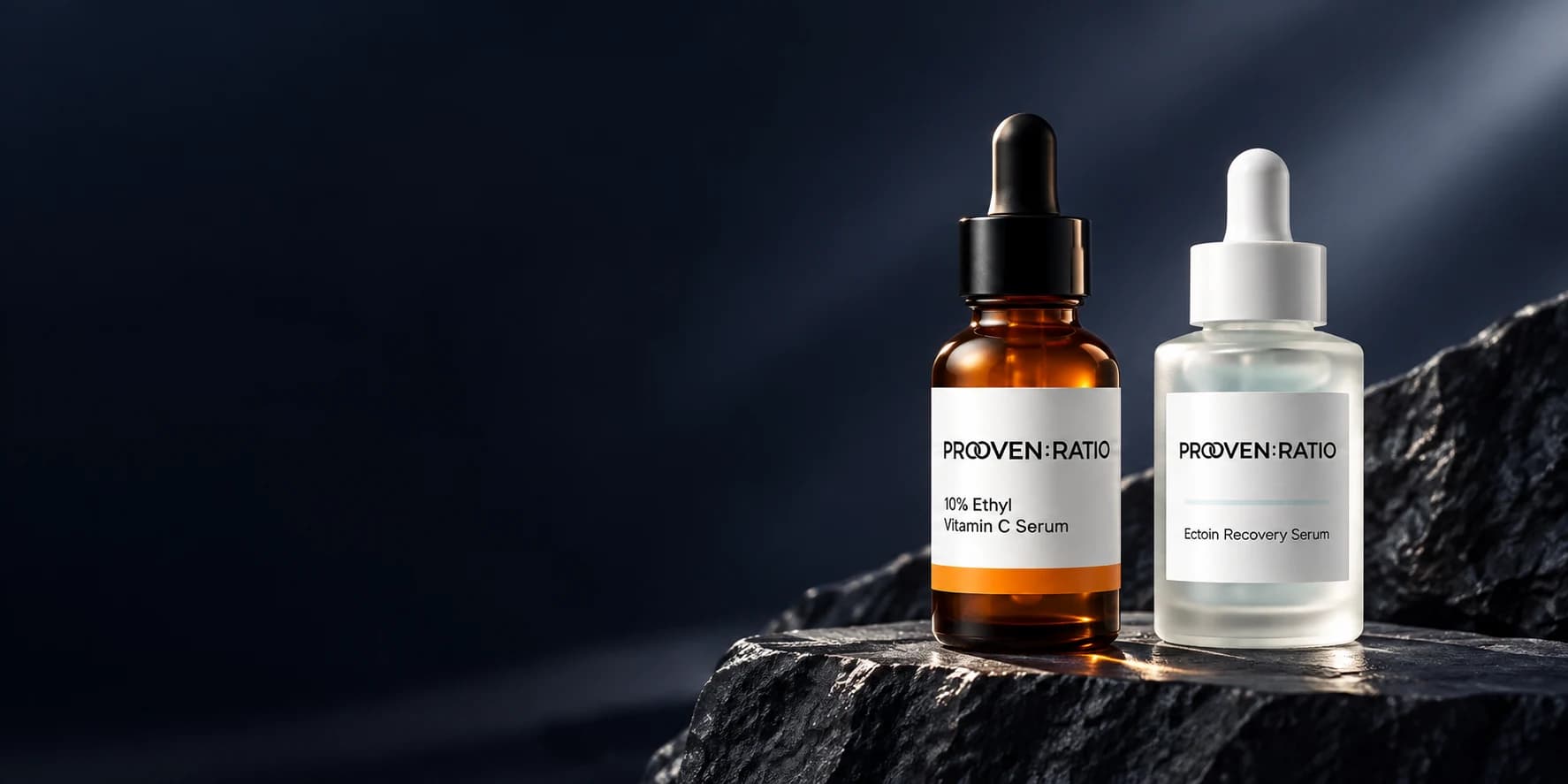 PROOVEN:RATIO serum collection in a navy studio setting
